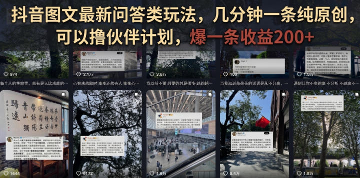抖音图文最新问答类玩法，几分钟一条纯原创，可以撸伙伴计划，爆一条收益200+-盟主1站 - 热点知汇专注网赚项目资源知识聚汇