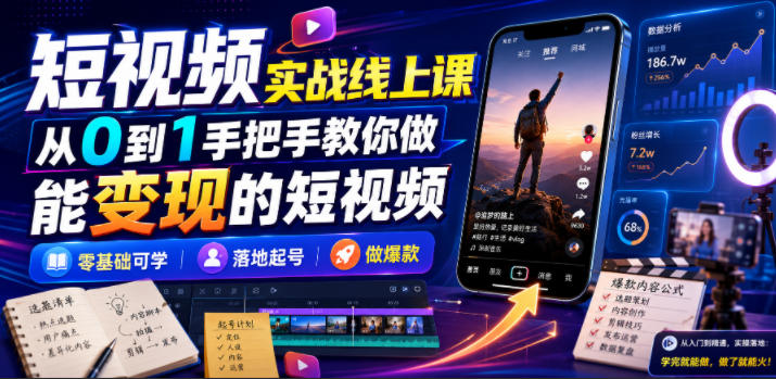 短视频实战线上课,从0到1手把手教你做能变现的短视频,零基础可学,落地起号做爆款-盟主1站 - 热点知汇专注网赚项目资源知识聚汇