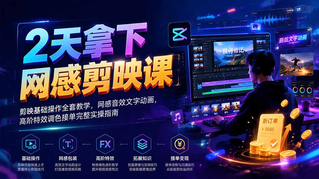 2天拿下网感剪辑课｜剪映基础操作全套教学，网感音效文字动画，高阶特效调色接单完整实操指南-盟主1站 - 热点知汇专注网赚项目资源知识聚汇
