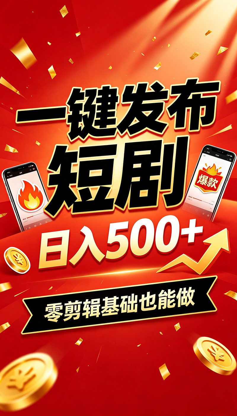 快手短剧一键发布，不用剪辑操作简单，副业日入500+。空闲时间轻松赚收益-盟主1站 - 热点知汇专注网赚项目资源知识聚汇