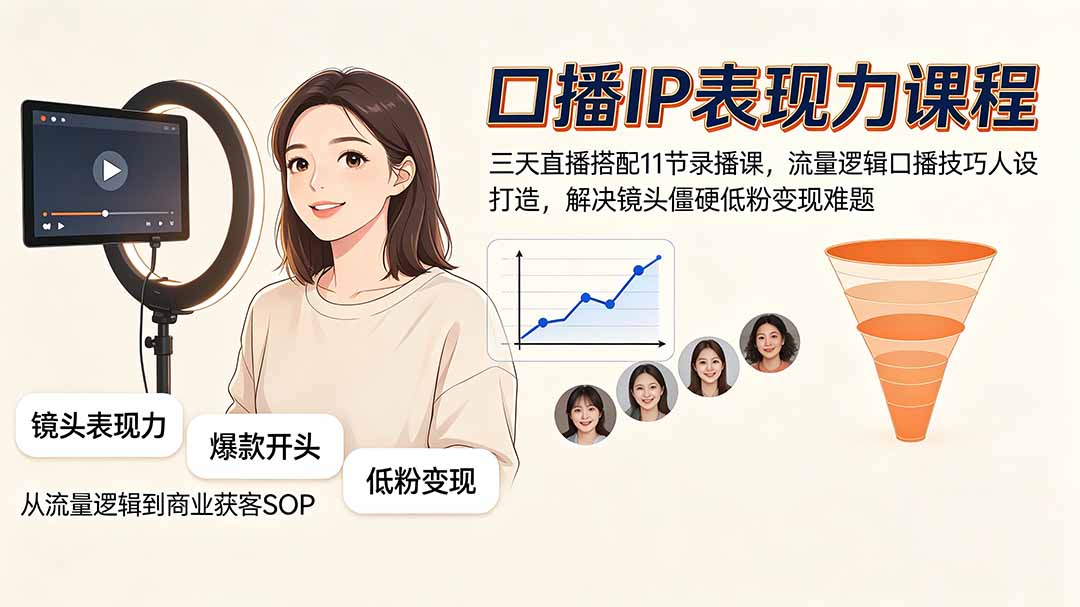 口播IP表现力课程｜三天直播搭配11节录播课，流量逻辑口播技巧人设打造，解决镜头僵硬低粉变现难题-盟主1站 - 热点知汇专注网赚项目资源知识聚汇