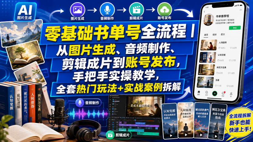 零基础书单号全流程｜从图片生成、音频制作、剪辑成片到账号发布，手把手实操教学，全套热门玩法+实战案例拆解-盟主1站 - 热点知汇专注网赚项目资源知识聚汇