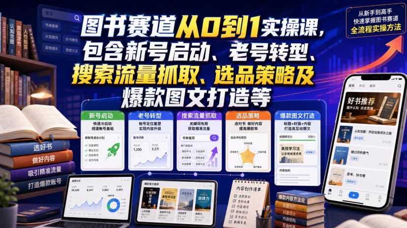 图书赛道从0到1实操课，包含新号启动、老号转型、搜索流量抓取、选品策略及爆款图文打造等-盟主1站 - 热点知汇专注网赚项目资源知识聚汇