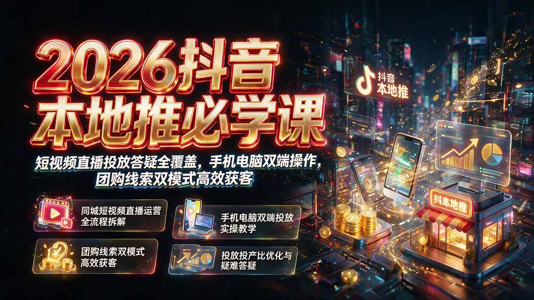 2026抖音本地推必学课｜短视频直播投放答疑全覆盖，手机电脑双端操作，团购线索双模式高效获客-盟主1站 - 热点知汇专注网赚项目资源知识聚汇