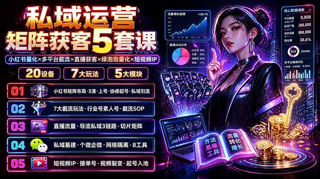 私域运营矩阵获客5套课：小红书量化×多平台截流×直播获客×绿泡泡量化×短视频IP×20设备×7大玩法-盟主1站 - 热点知汇专注网赚项目资源知识聚汇