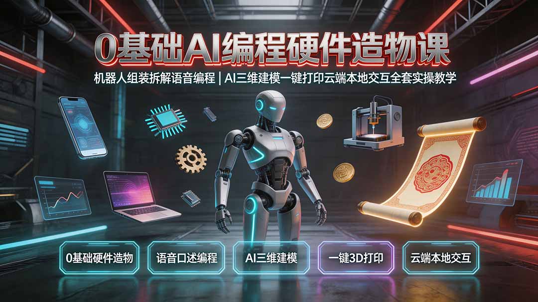 0基础AI编程硬件造物课|机器人组装拆解语音编程,AI三维建模一键打印云端本地交互全套实操教学-盟主1站 - 热点知汇专注网赚项目资源知识聚汇