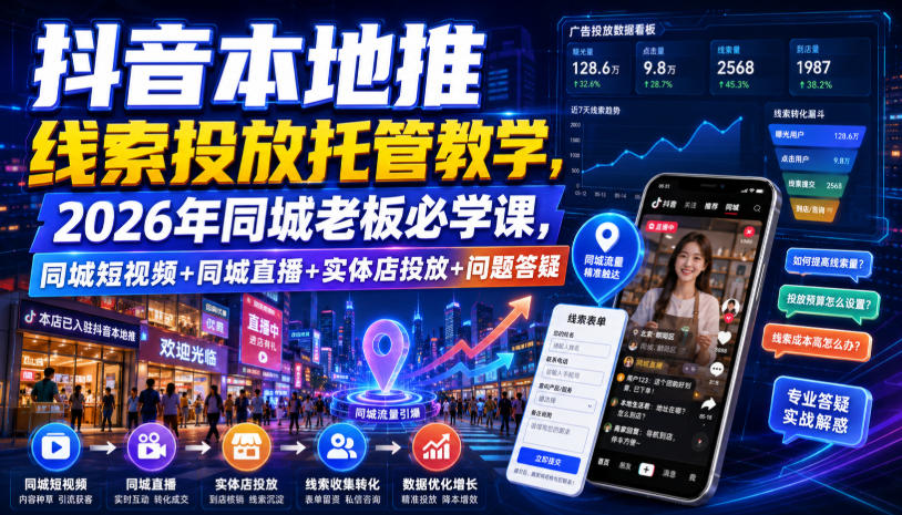 抖音本地推线索投放托管教学，2026年同城老板必学课，同城短视频+同城直播+实体店投放+问题答疑-盟主1站 - 热点知汇专注网赚项目资源知识聚汇