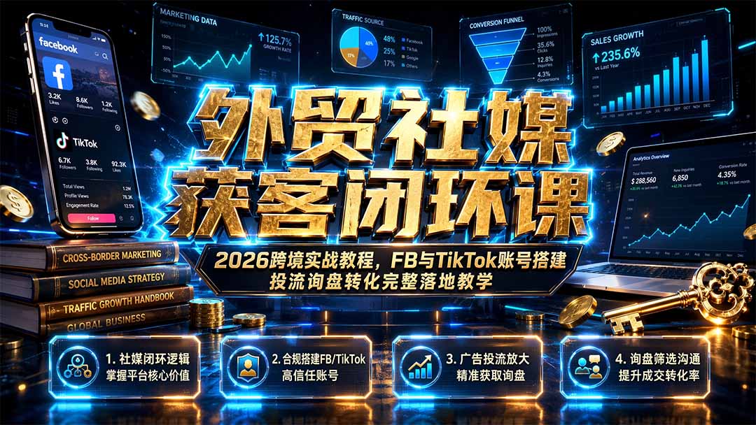 外贸社媒获客闭环课|2026跨境实战教程,FB与TikTok账号搭建投流询盘转化完整落地教学-盟主1站 - 热点知汇专注网赚项目资源知识聚汇