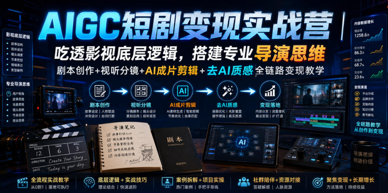 AIGC短剧变现实战营｜吃透影视底层逻辑，搭建专业导演思维，剧本创作+视听分镜+AI成片剪辑+去AI质感全链路变现教学-盟主1站 - 热点知汇专注网赚项目资源知识聚汇