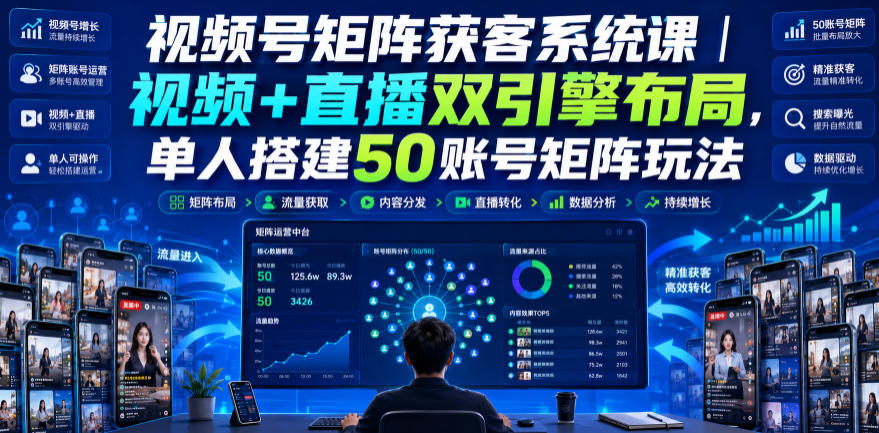 视频号矩阵获客系统课｜视频+直播双引擎布局，单人搭建50账号矩阵玩法，流量入池、搜索占位、全域引流沉淀私域全流程教学-盟主1站 - 热点知汇专注网赚项目资源知识聚汇