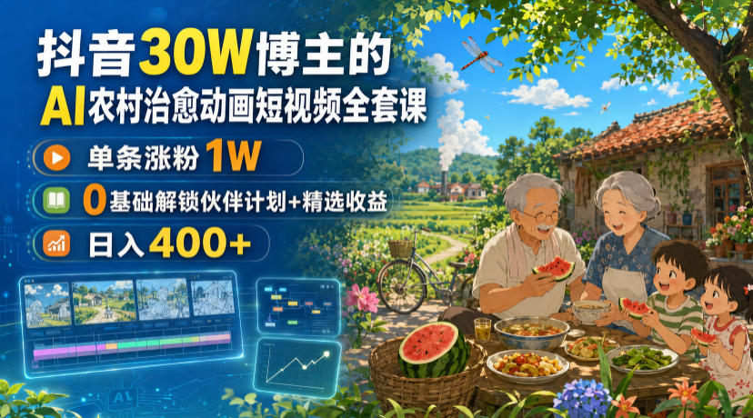 抖音30W博主的AI农村治愈动画短视频全套课｜单条涨粉1W，0基础解锁伙伴计划+精选收益，日入400+-盟主1站 - 热点知汇专注网赚项目资源知识聚汇