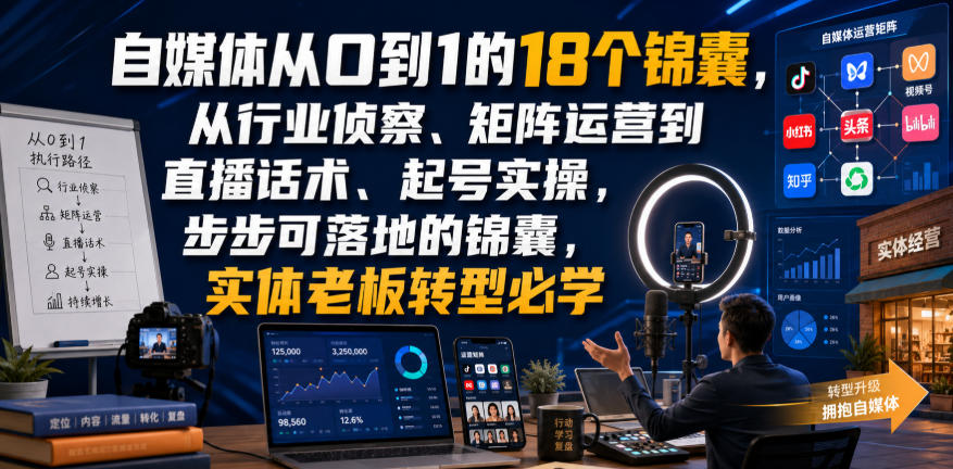 自媒体从0到1的18个锦囊，从行业侦察、矩阵运营到直播话术、起号实操，步步可落地的锦囊，实体老板转型必学-盟主1站 - 热点知汇专注网赚项目资源知识聚汇
