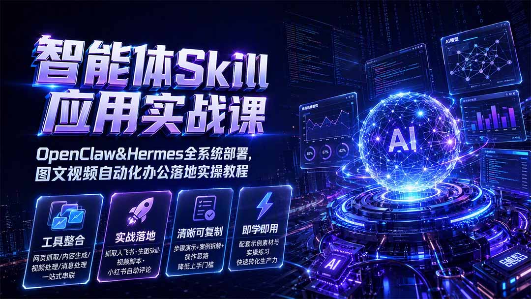 智能体Skill应用实战课：OpenClaw&Hermes全系统部署，图文视频自动化办公落地实操教程-盟主1站 - 热点知汇专注网赚项目资源知识聚汇