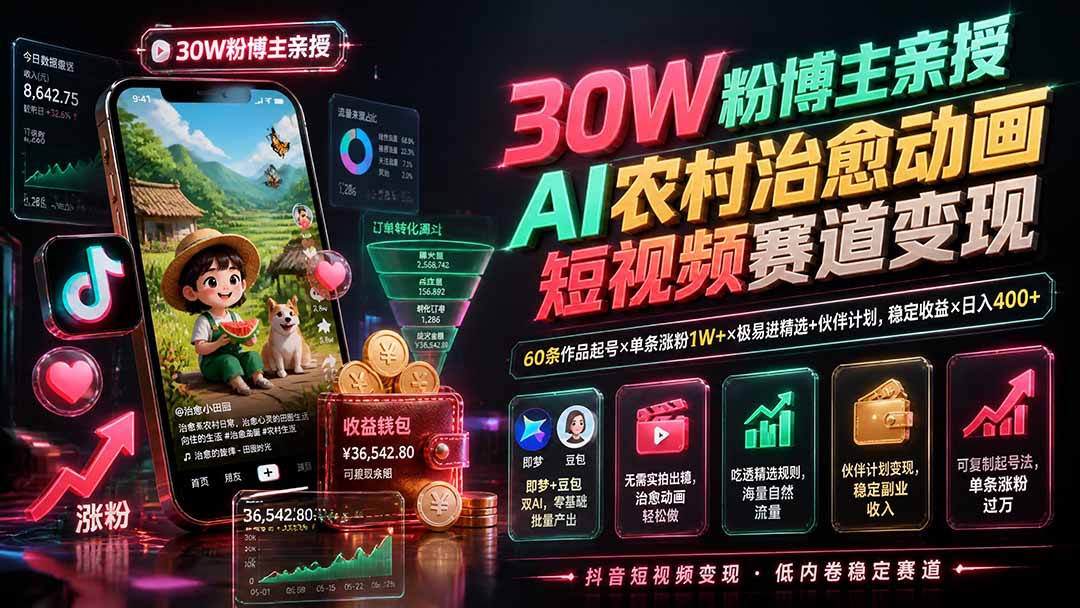 30W粉博主亲授AI农村治愈动画短视频赛道变现：60条作品起号×单条涨粉1W+×极易进精选+伙伴计划，稳定收益×日入400+-盟主1站 - 热点知汇专注网赚项目资源知识聚汇