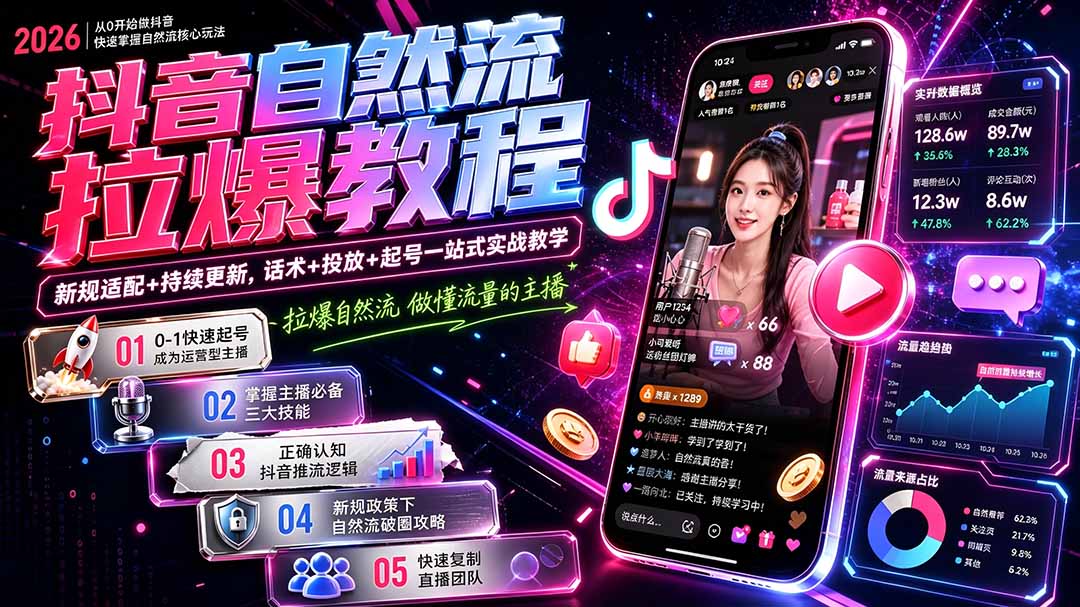 抖音自然流拉爆教程-更新7月：做懂流量的主播，新规适配+持续更新，话术+投放+起号一站式实战教学-盟主1站 - 热点知汇专注网赚项目资源知识聚汇
