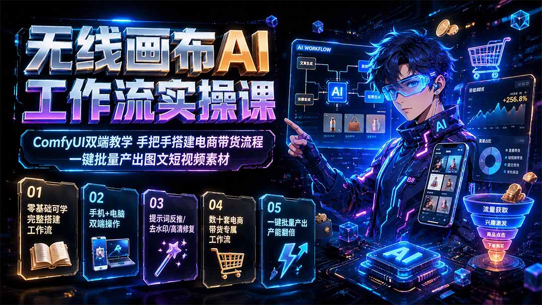 无线画布AI工作流实操课｜ComfyUI双端教学，手把手搭建电商带货流程，一键批量产出图文短视频素材-盟主1站 - 热点知汇专注网赚项目资源知识聚汇