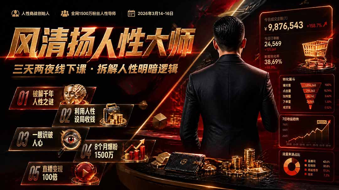 风清扬人性大师-三天两夜3月14-16线下课2026年｜拆解人性明暗逻辑，识人避坑，千万粉涨粉+直播百倍变现实战教学-盟主1站 - 热点知汇专注网赚项目资源知识聚汇