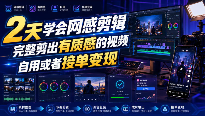 2天学会网感剪辑，完整剪出有质感的视频，自用或者接单变现-盟主1站 - 热点知汇专注网赚项目资源知识聚汇
