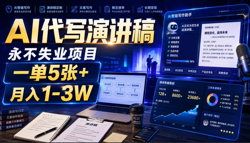 AI代写演讲稿，永不失业项目，一单5张+，月入1-3W【揭秘】-盟主1站 - 热点知汇专注网赚项目资源知识聚汇