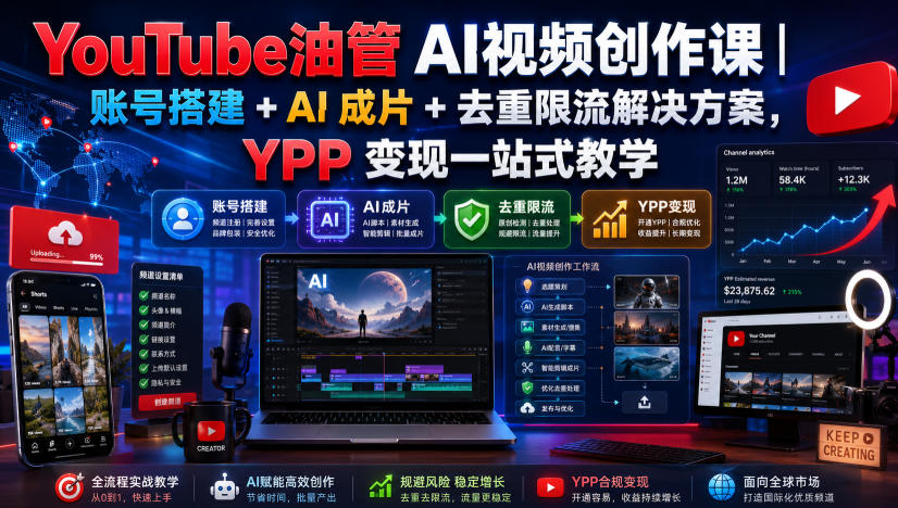 YouTube油管AI视频创作课｜账号搭建+AI成片+去重限流解决方案，YPP变现一站式教学-盟主1站 - 热点知汇专注网赚项目资源知识聚汇