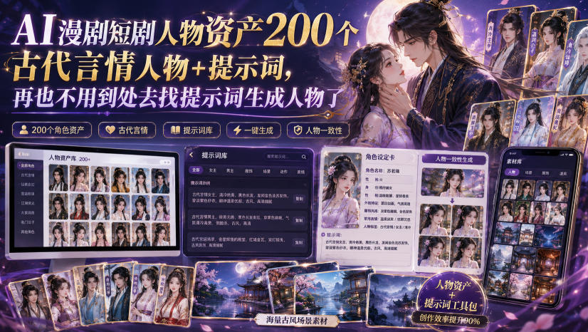 AI漫剧短剧人物资产200个古代言情人物+提示词，再也不用到处去找提示词生成人物了-盟主1站 - 热点知汇专注网赚项目资源知识聚汇