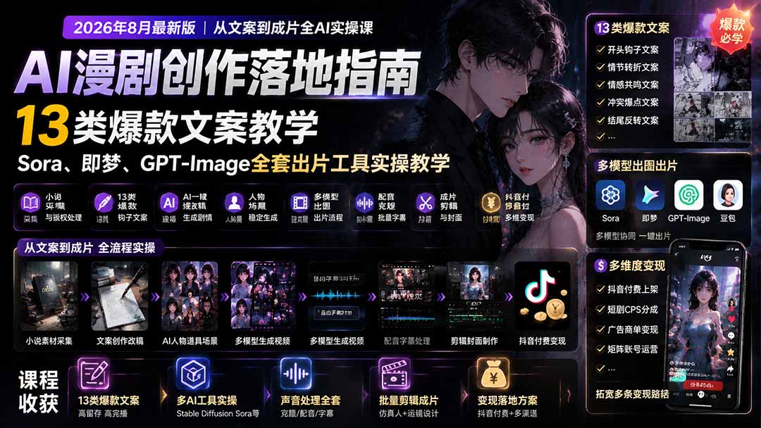 AI漫剧创作落地指南｜13类爆款文案教学，Sora、即梦、GPT-Image全套出片工具实操教学-盟主1站 - 热点知汇专注网赚项目资源知识聚汇