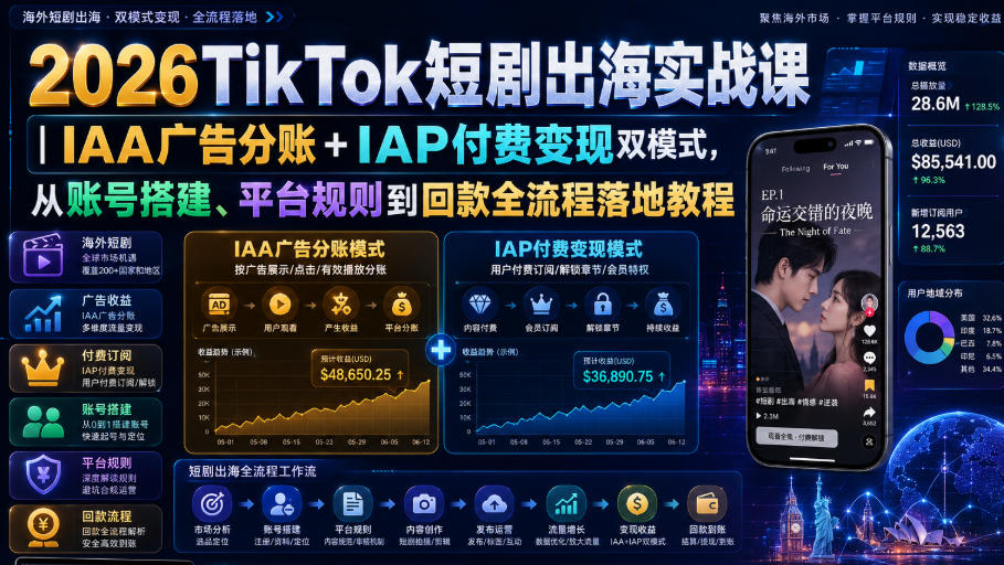 2026TikTok短剧出海实战课｜IAA广告分账+IAP付费变现双模式，从账号搭建、平台规则到回款全流程落地教程-盟主1站 - 热点知汇专注网赚项目资源知识聚汇