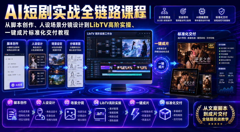 AI短剧实战全链路课程｜从脚本创作、人设场景分镜设计到LibTV高阶实操、一键成片标准化交付教程-盟主1站 - 热点知汇专注网赚项目资源知识聚汇