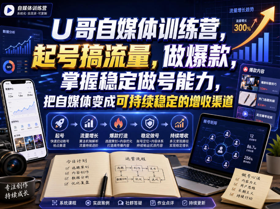 U哥自媒体训练营，起号搞流量，做爆款，掌握稳定做号能力，把自媒体变成可持续稳定的增收渠道-盟主1站 - 热点知汇专注网赚项目资源知识聚汇