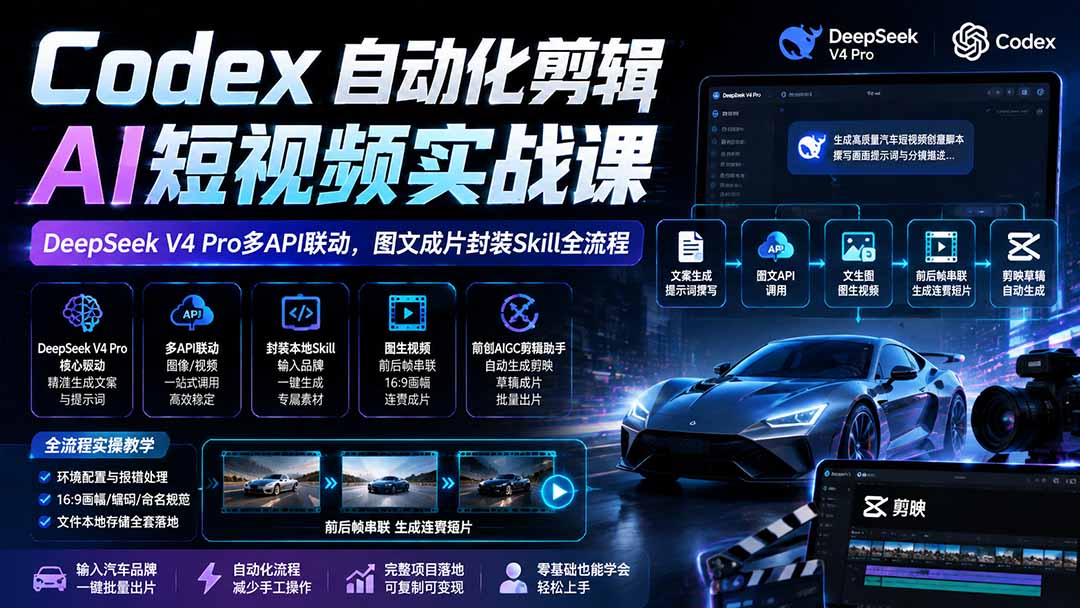 Codex自动化剪辑AI短视频实战课｜DeepSeek V4 Pro多API联动，图文成片封装Skill全流程-盟主1站 - 热点知汇专注网赚项目资源知识聚汇