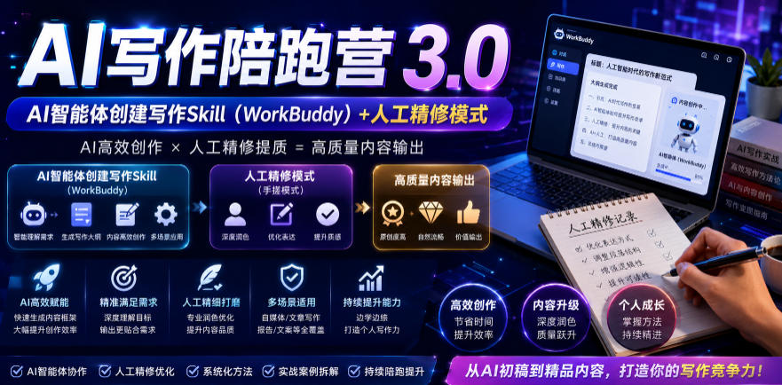 AI写作陪跑营3.0，Ai智能体创建写作skill(workbuddy)+人工手写模式(手搓模式)，去除AI痕迹(头条号、公众号、百家号)(更新0806)-盟主1站 - 热点知汇专注网赚项目资源知识聚汇