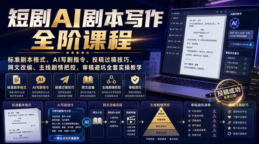 短剧AI剧本写作全阶课程｜标准剧本格式、AI写剧指令、投稿过稿技巧、网文改编、主线剧情把控、审稿避坑全套实操教学-盟主1站 - 热点知汇专注网赚项目资源知识聚汇
