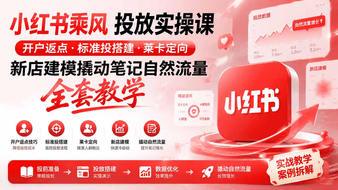 小红书乘风投放-100分钟实操课｜开户返点·标准投搭建·莱卡定向，新店建模撬动笔记自然流量全套教学-盟主1站 - 热点知汇专注网赚项目资源知识聚汇