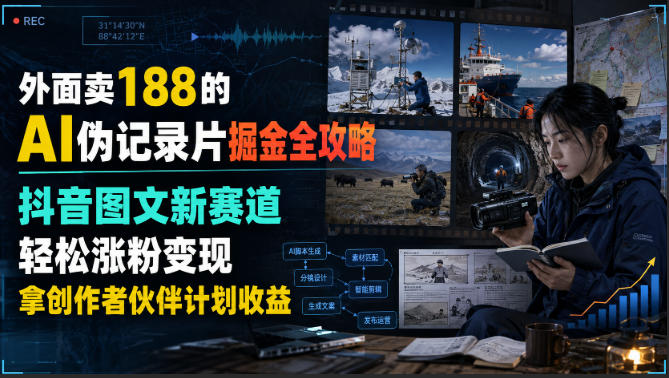 外面卖188的AI伪记录片掘金全攻略，抖音图文新赛道，轻松涨粉变现，拿创作者伙伴计划收益【文档】-盟主1站 - 热点知汇专注网赚项目资源知识聚汇