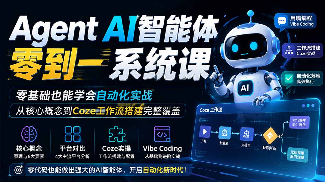 Agent AI智能体零到一系统课；零基础也能学会自动化实战，从核心概念到Coze工作流搭建完整覆盖-盟主1站 - 热点知汇专注网赚项目资源知识聚汇