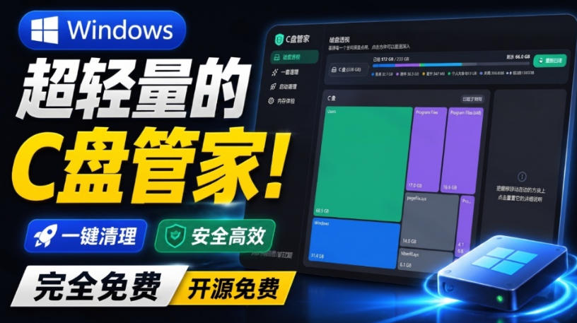 Windows超轻量的C盘管家！超级有特点，支持磁盘分析及清理提醒，2M大小体积，完全免费C盘管家-盟主1站 - 热点知汇专注网赚项目资源知识聚汇