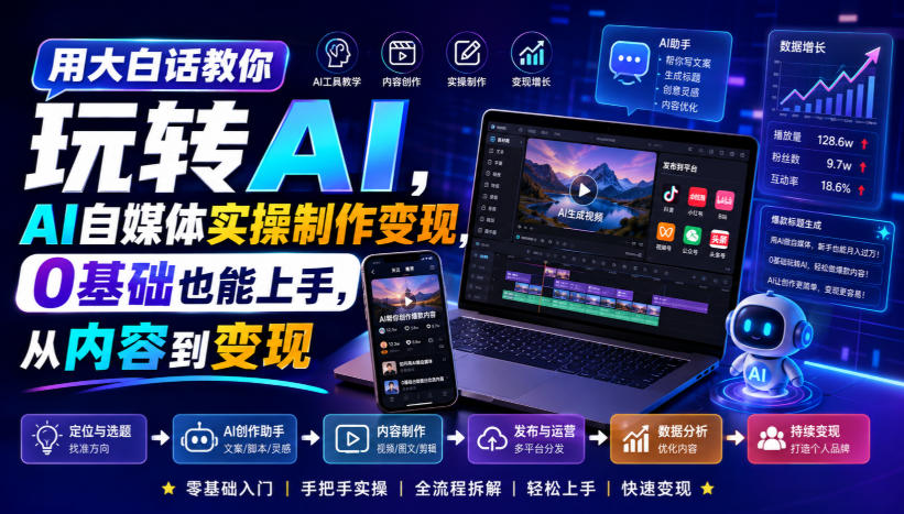 用大白话教你玩转AI，AI自媒体实操制作变现，0基础也能上手，从内容到变现-盟主1站 - 热点知汇专注网赚项目资源知识聚汇