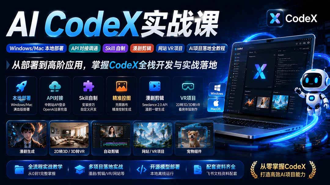 AI  CodeX实战课｜Windows/Mac 本地部署｜API 对接调通｜Skill 自制｜漫剧剪辑｜网站 VR 项目｜AI项目落地全教程-盟主1站 - 热点知汇专注网赚项目资源知识聚汇