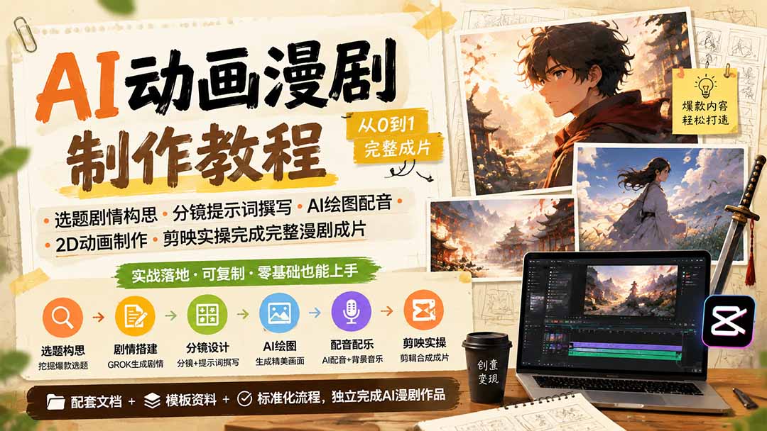 AI动画漫剧制作教程｜选题剧情构思·分镜提示词撰写·AI绘图配音·2D动画制作·剪映实操完成完整漫剧成片-盟主1站 - 热点知汇专注网赚项目资源知识聚汇