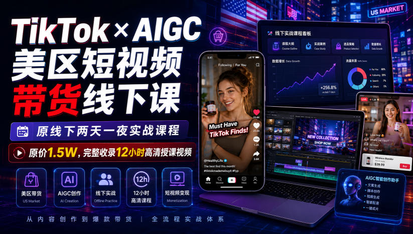 TikTok×AIGC美区短视频带货线下课，原线下两天一夜实战课程，原价1.5W，完整收录12小时高清授课视频-盟主1站 - 热点知汇专注网赚项目资源知识聚汇