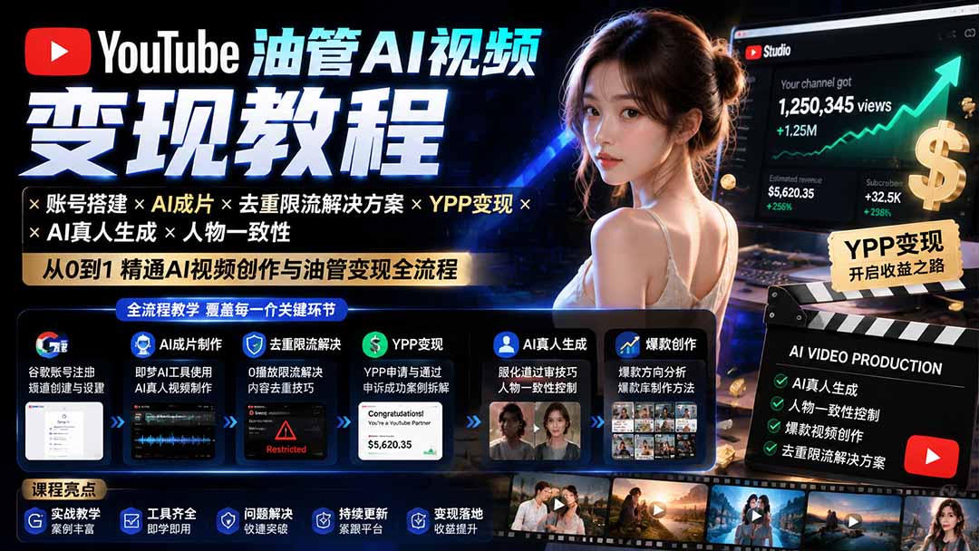 YouTube油管AI视频变现教程-更新：账号搭建×AI成片×去重限流解决方案×YPP变现×AI真人生成×人物一致性-盟主1站 - 热点知汇专注网赚项目资源知识聚汇