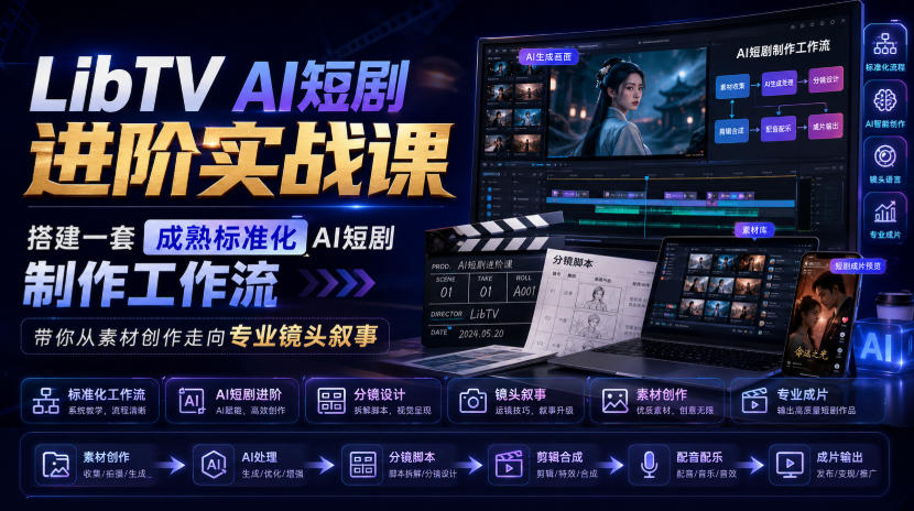LibTV AI短剧进阶实战课，搭建一套成熟标准化AI短剧制作工作流，带你从素材创作走向专业镜头叙事-盟主1站 - 热点知汇专注网赚项目资源知识聚汇