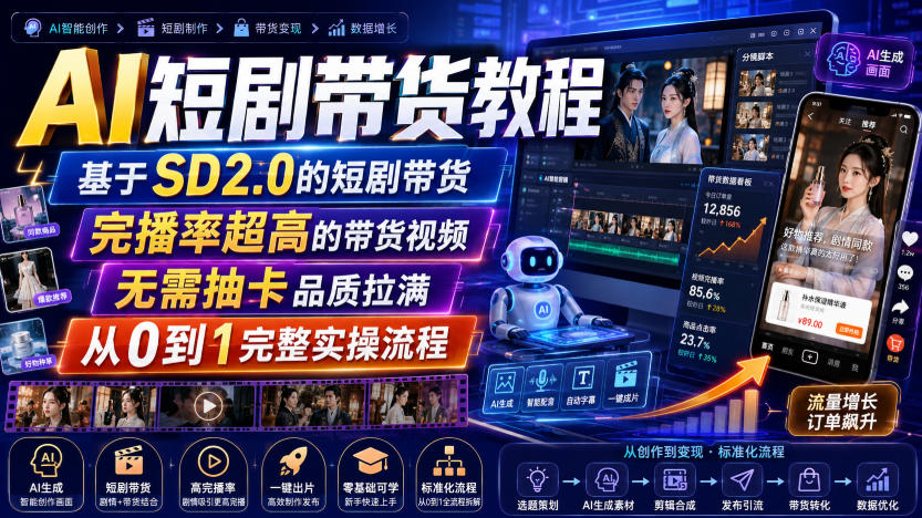 AI短剧带货教程，基于SD2.0的短剧带货，完播率超高的带货视频，无需抽卡品质拉满，从0到1完整实操流程-盟主1站 - 热点知汇专注网赚项目资源知识聚汇