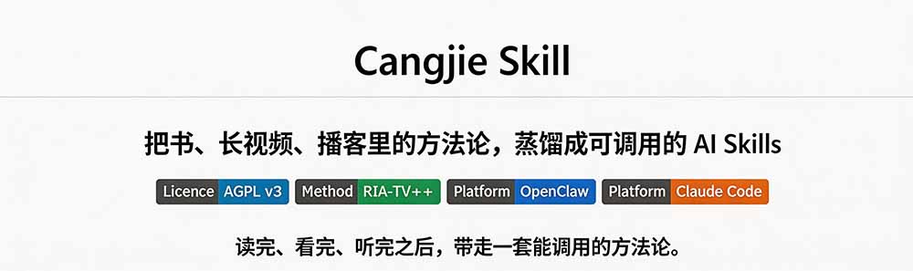 图片[1]-全网走红！GitHub上6.7K Star的开源项目，把任何书、长视频、播客蒸馏成AI工具，值得收藏 cangjie-skill-盟主1站 - 热点知汇专注网赚项目资源知识聚汇