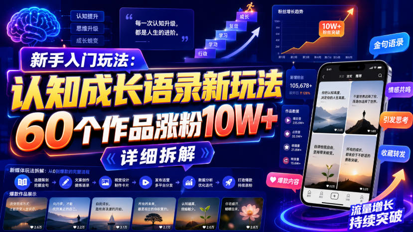 新手入门玩法：认知成长语录新玩法，60个作品涨粉10W+，详细拆解-盟主1站 - 热点知汇专注网赚项目资源知识聚汇