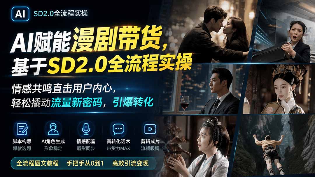 AI赋能漫剧带货，基于SD2.0全流程实操；情感共鸣直击用户内心，轻松撬动流量新密码，引爆转化-盟主1站 - 热点知汇专注网赚项目资源知识聚汇