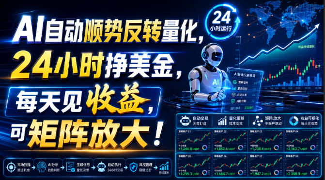 AI自动顺势反转量化，24小时挣美金，每天见收益，可矩阵放大！【揭秘】-盟主1站 - 热点知汇专注网赚项目资源知识聚汇
