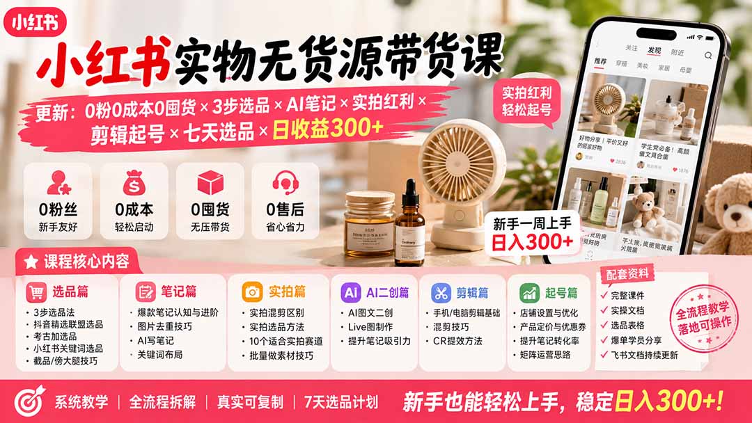 小红书实物无货源带货课-更新：0粉0成本0囤货×3步选品×AI笔记×实拍红利×剪辑起号×七天选品×日收益300+-盟主1站 - 热点知汇专注网赚项目资源知识聚汇