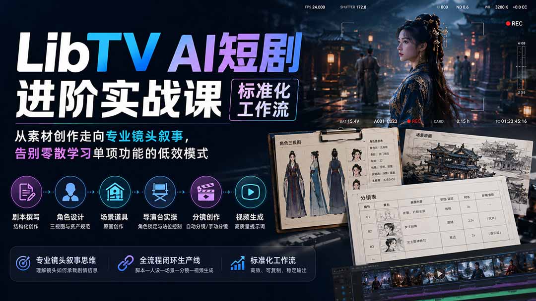 LibTV AI短剧进阶实操课标准化工作流；从素材创作走向专业镜头叙事，告别零散学习单项功能的低效模式-盟主1站 - 热点知汇专注网赚项目资源知识聚汇
