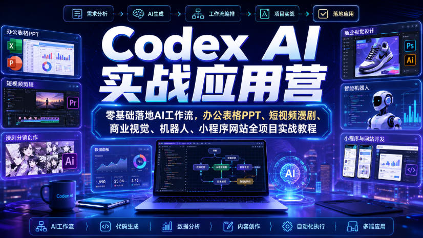 Codex AI实战应用营｜零基础落地AI工作流，办公表格PPT、短视频漫剧、商业视觉、机器人、小程序网站全项目实战教程-盟主1站 - 热点知汇专注网赚项目资源知识聚汇
